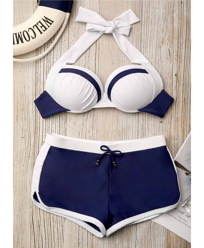 Color Block Sweetheart Neckline Swimwear Bra and Shorts